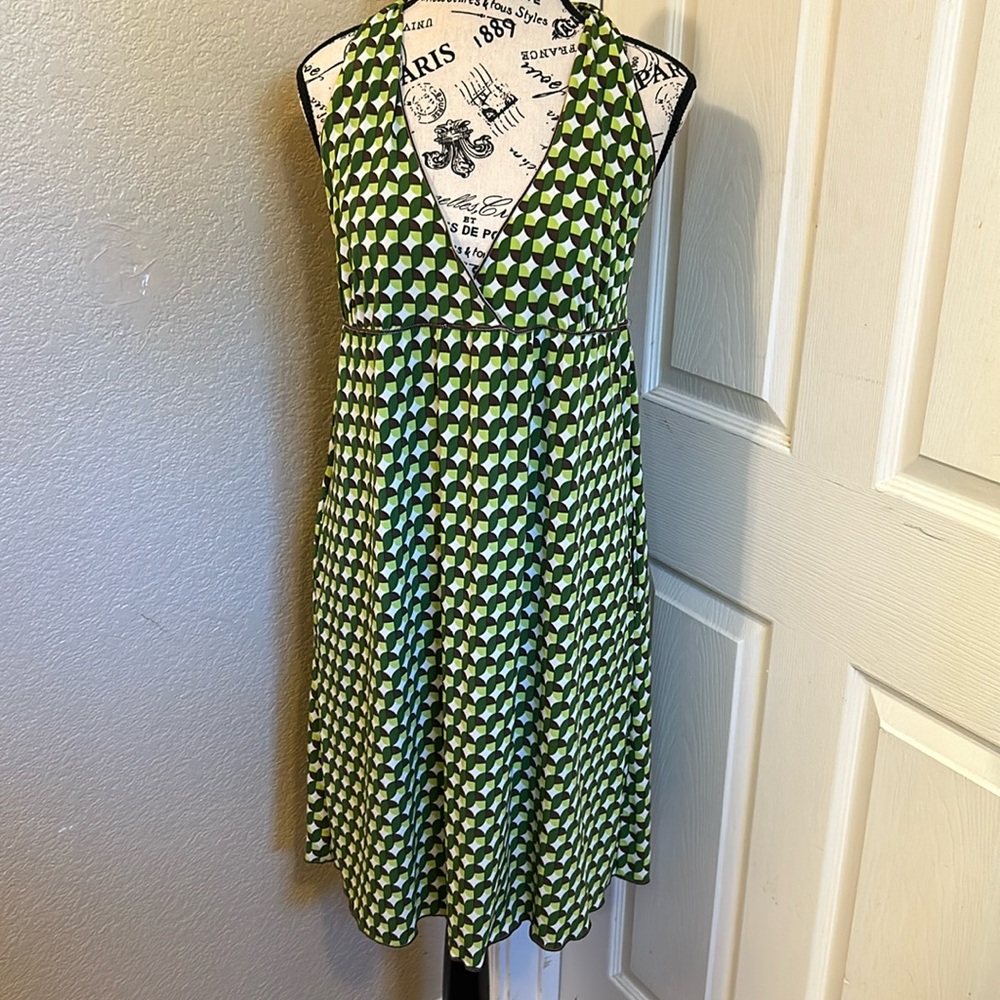 Max Studio halter dress in green brown geometric pattern with pockets